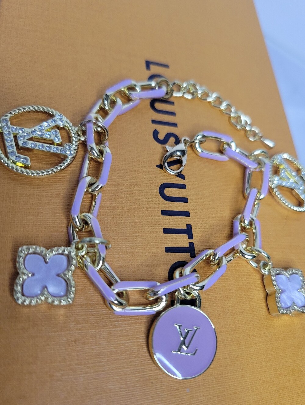 Multi Charm LV zip Pulls, Beautiful Lilac Purple/gold Bracelet 7"+ 1.5" Extender